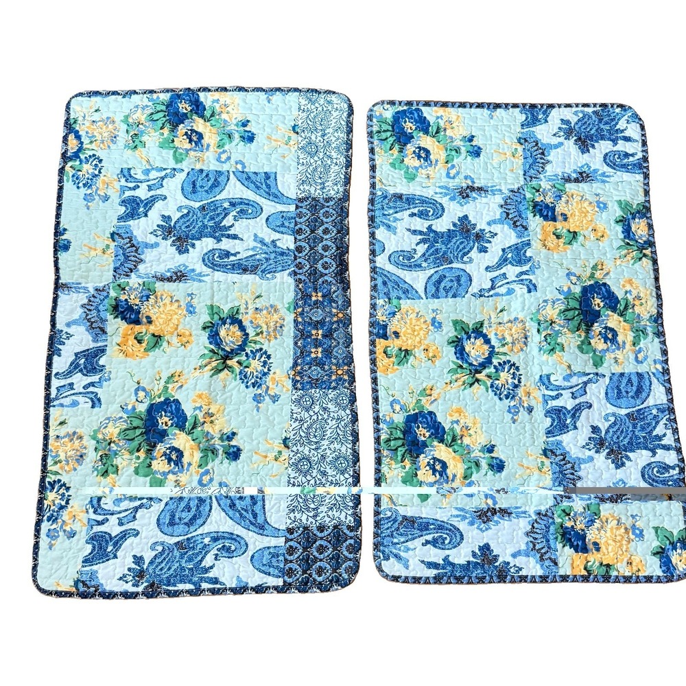 2 Patchwork Quilted King Size Pillow Shams Cobalt Blue Paisley Cottagecore Set